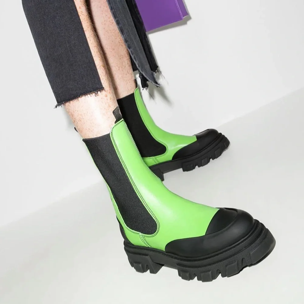 Brat Green Ganni Calf Leather Mid Chelsea Boot Neon Lime Green Chunky Lug sole - Picture 9 of 9